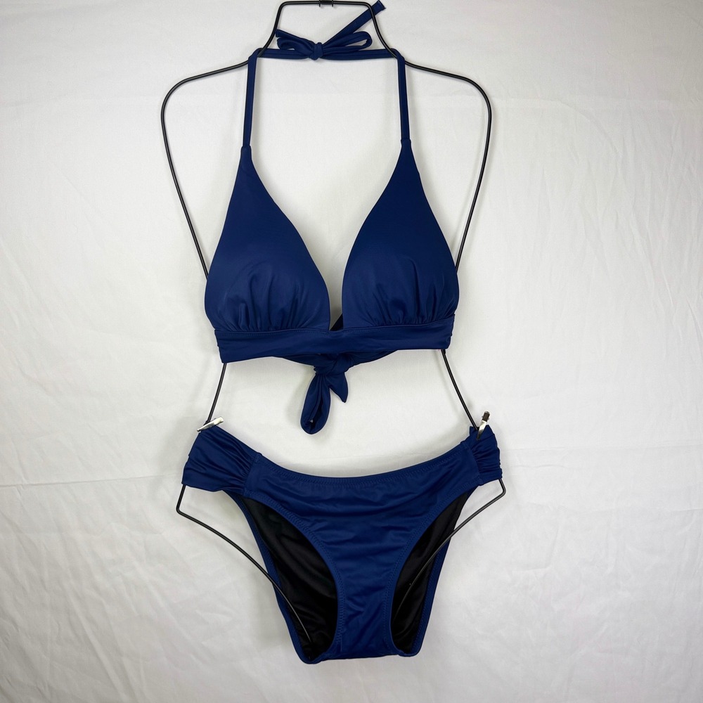 Victoria's Secret Bikini Set Womens M/L Navy Blue Plunge Halter Knockout Bottom